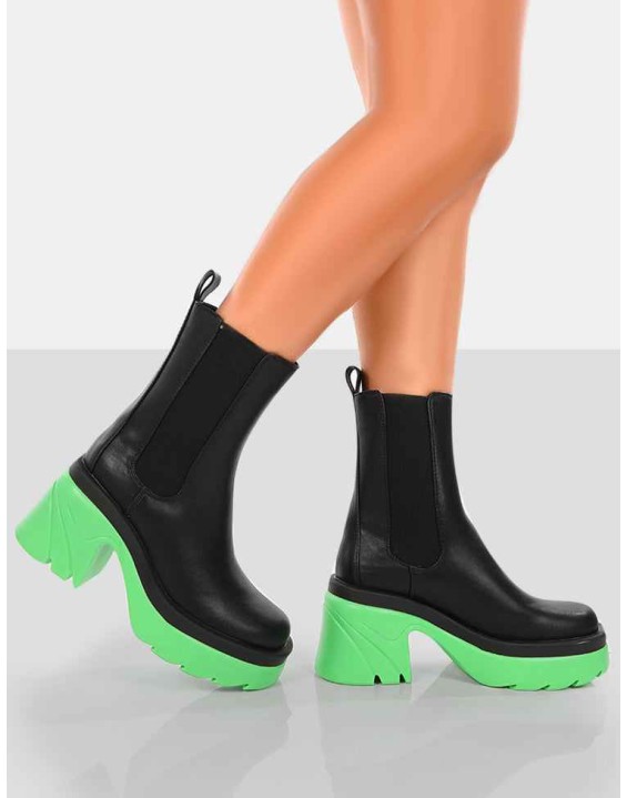 Step Up Black Green PU Heeled Ankle Boots