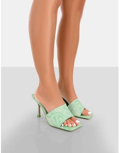 Swirl Green Print Square Toe Heeled Mules