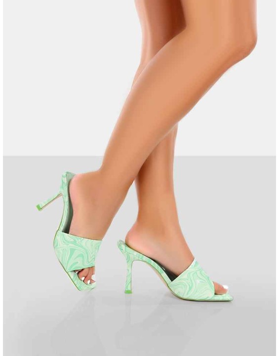 Swirl Green Print Square Toe Heeled Mules