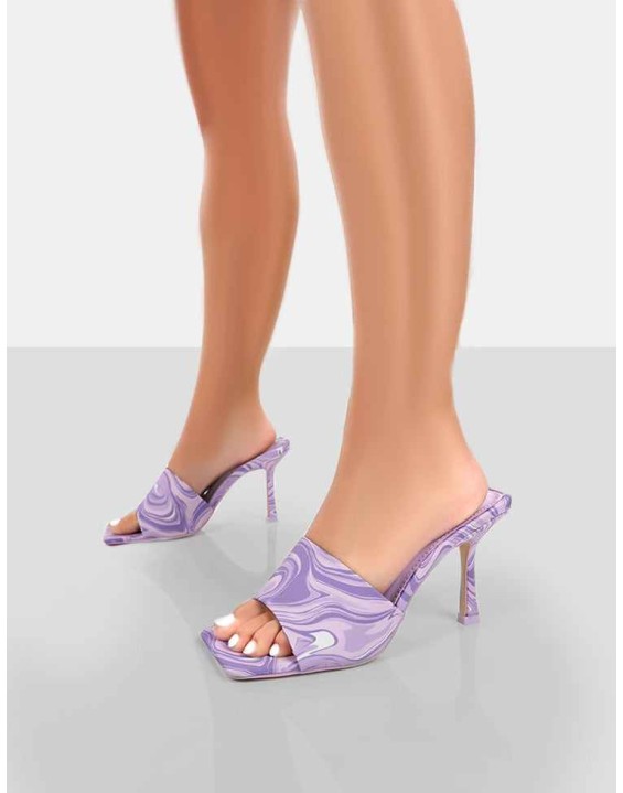 Swirl Lilac Print Square Toe Heeled Mules
