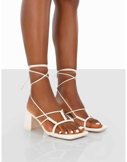 Fanatic Ecru PU Square Toe Lace Up Block Mid Heeled Sandals
