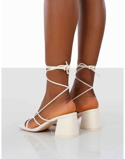 Fanatic Ecru PU Square Toe Lace Up Block Mid Heeled Sandals
