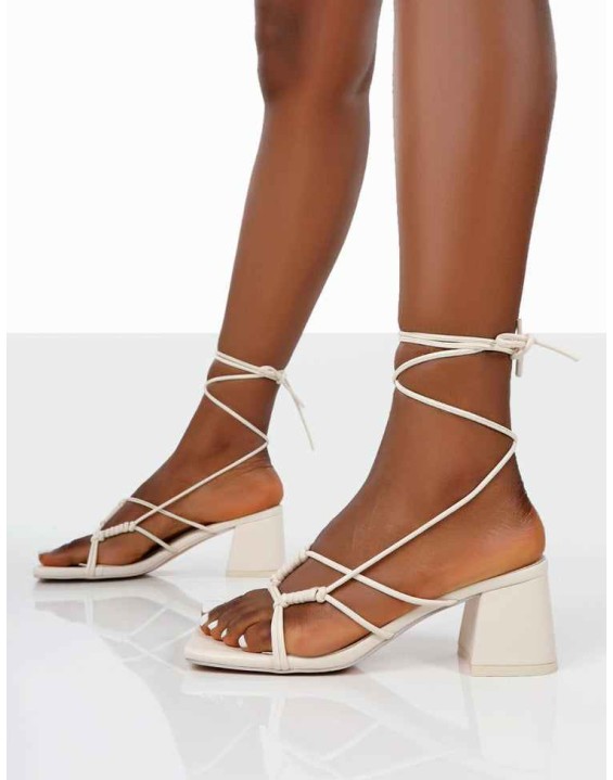 Fanatic Ecru PU Square Toe Lace Up Block Mid Heeled Sandals