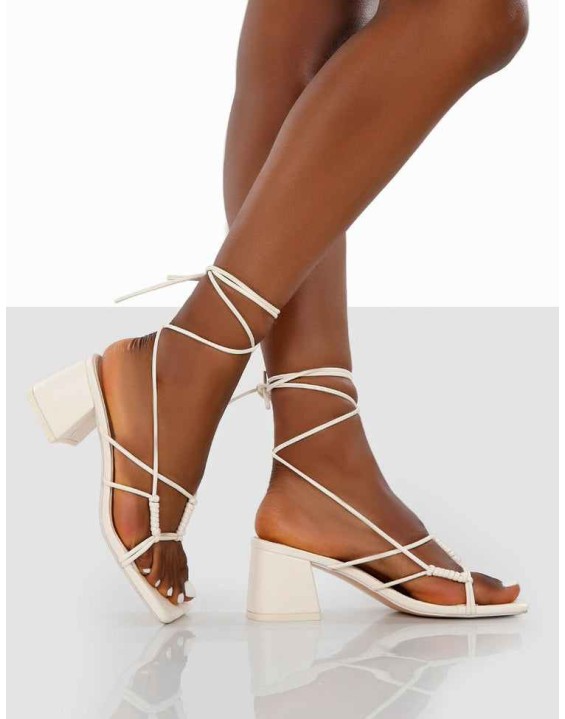 Fanatic Ecru PU Square Toe Lace Up Block Mid Heeled Sandals