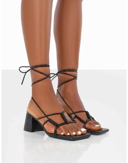 Fanatic Black PU Square Toe Lace Up Block Mid Heeled Sandals