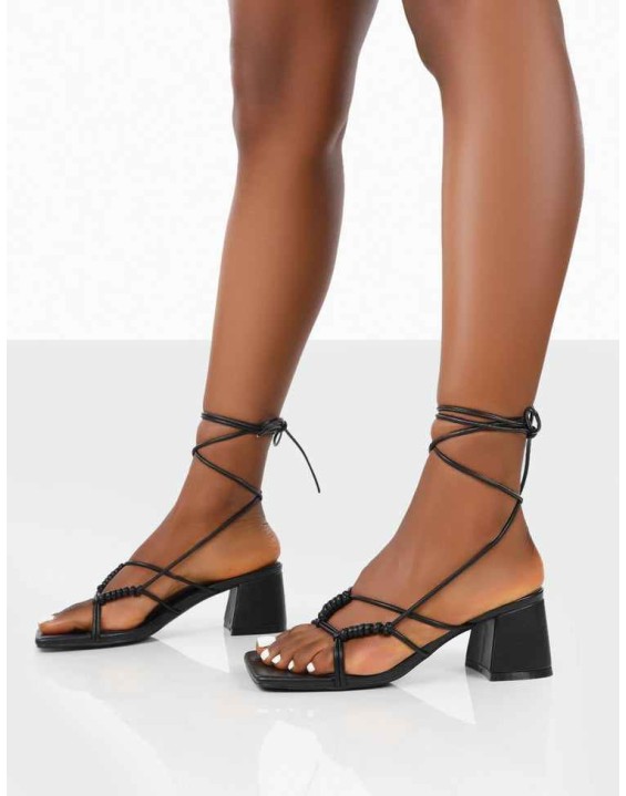 Fanatic Black PU Square Toe Lace Up Block Mid Heeled Sandals