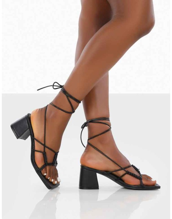 Fanatic Black PU Square Toe Lace Up Block Mid Heeled Sandals