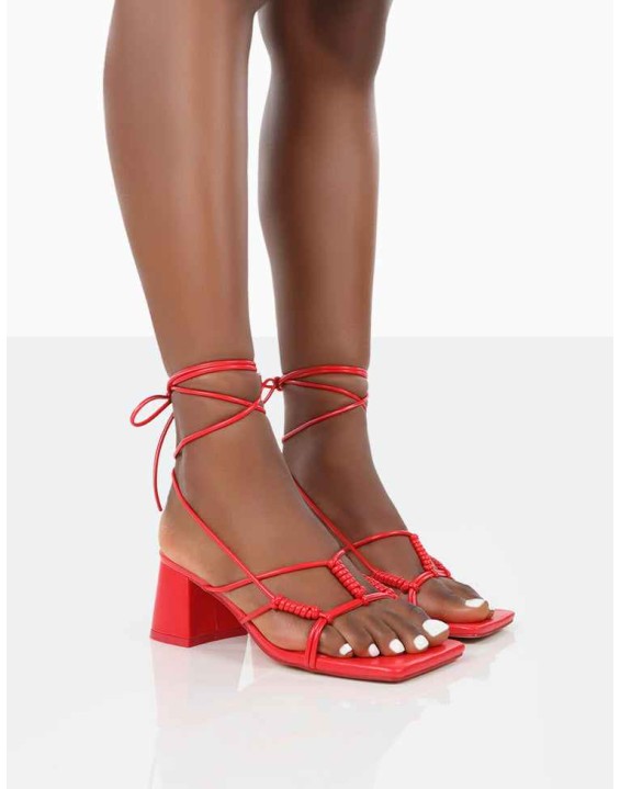 Fanatic Red PU Square Toe Lace Up Block Mid Heeled Sandals
