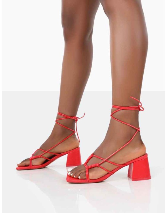 Fanatic Red PU Square Toe Lace Up Block Mid Heeled Sandals