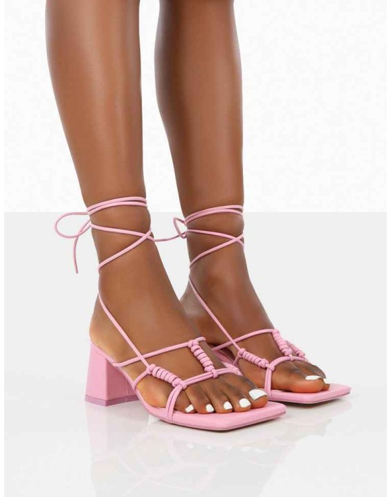 Fanatic Baby Pink PU Square Toe Lace Up Block Mid Heeled Sandals