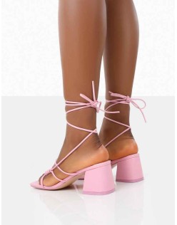 Fanatic Baby Pink PU Square Toe Lace Up Block Mid Heeled Sandals