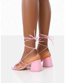 Fanatic Baby Pink PU Square Toe Lace Up Block Mid Heeled Sandals