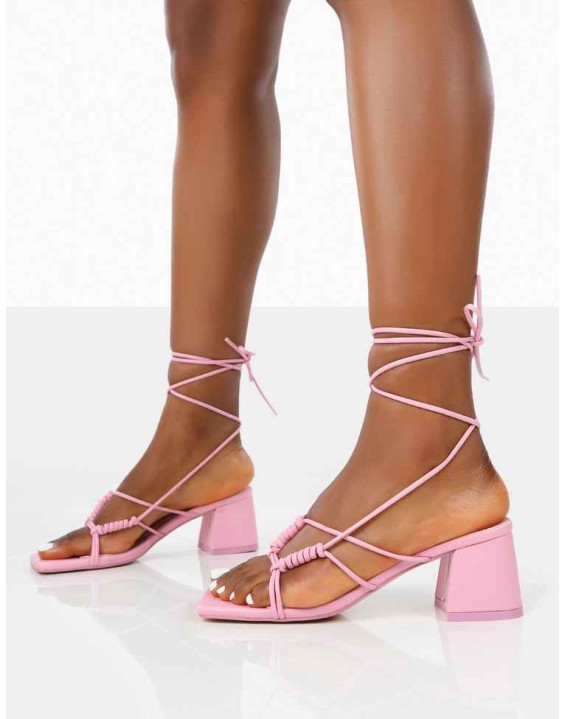 Fanatic Baby Pink PU Square Toe Lace Up Block Mid Heeled Sandals