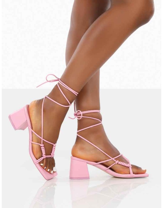 Fanatic Baby Pink PU Square Toe Lace Up Block Mid Heeled Sandals
