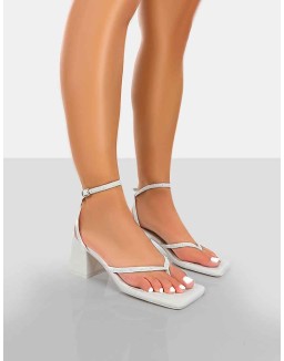 Zahra White PU Toe Thong Mid Block Heeled Sandals