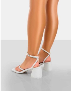Zahra White PU Toe Thong Mid Block Heeled Sandals