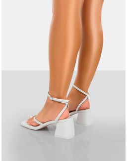 Zahra White PU Toe Thong Mid Block Heeled Sandals