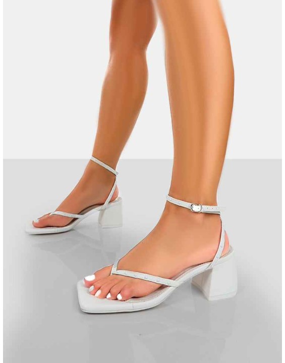 Zahra White PU Toe Thong Mid Block Heeled Sandals