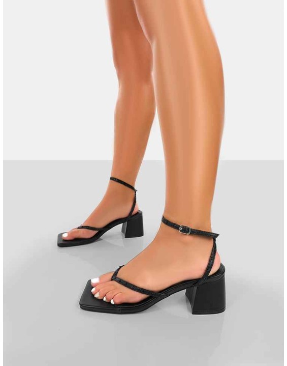 Zahra Black PU Toe Thong Mid Block Heeled Sandals
