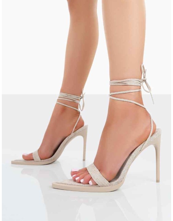 Summer Memories Beige Linen Strappy Stiletto Heels