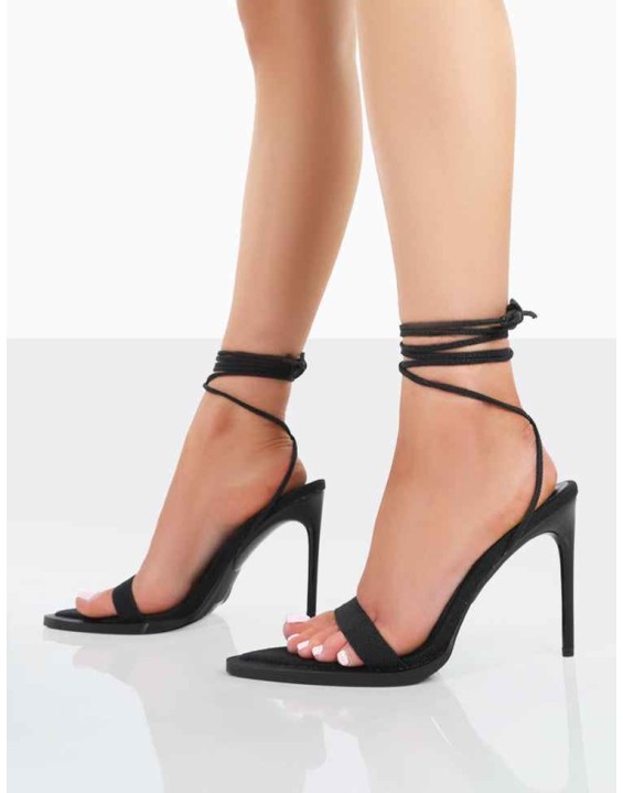 Summer Memories Black Linen Strappy Stiletto Heels
