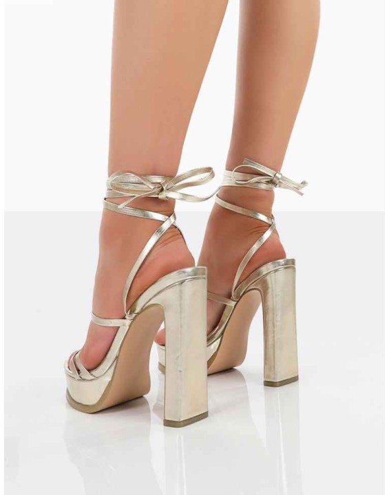 Gimme Gimme Gold PU Strappy Lace Up Block Heels