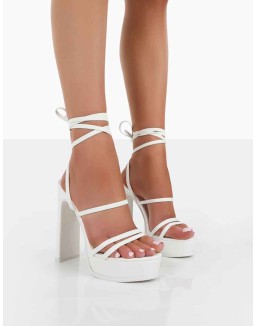Gimme Gimme White PU Strappy Lace Up Thin Block Heels
