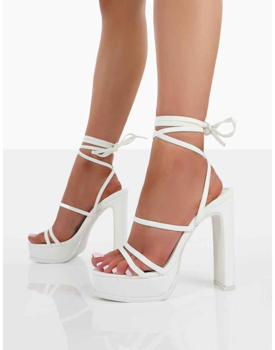 Gimme Gimme White PU Strappy Lace Up Thin Block Heels