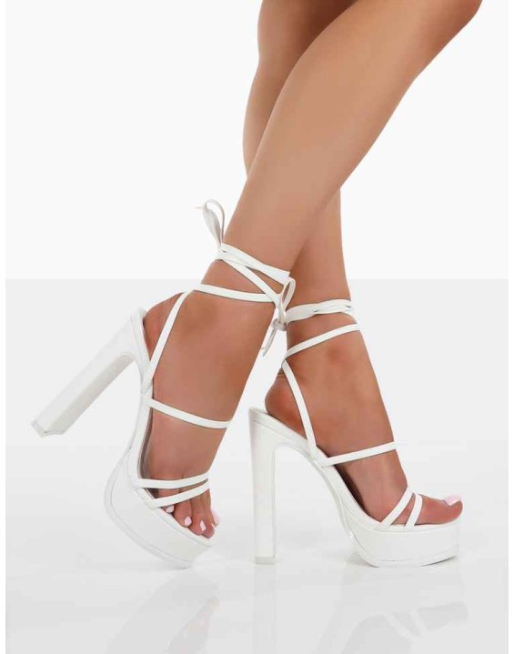 Gimme Gimme White PU Strappy Lace Up Thin Block Heels