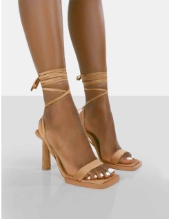 Lamour Wide Fit Beige Faux Suede Square Toe Lace Up Mid Heels