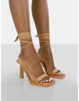 Lamour Wide Fit Beige Faux Suede Square Toe Lace Up Mid Heels