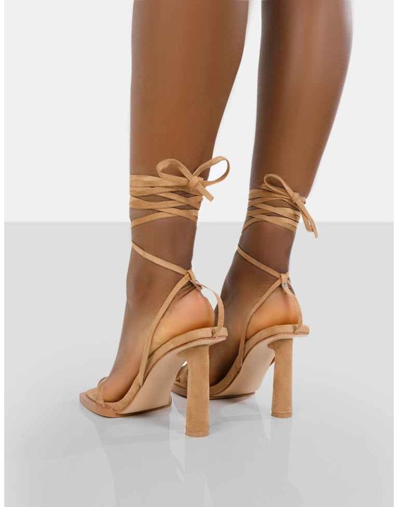 Lamour Wide Fit Beige Faux Suede Square Toe Lace Up Mid Heels