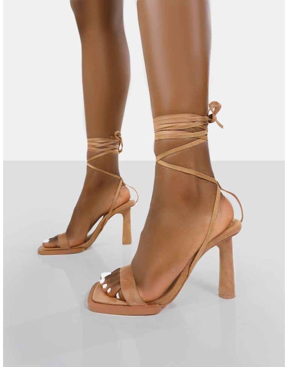 Lamour Wide Fit Beige Faux Suede Square Toe Lace Up Mid Heels