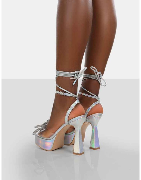 Athena Silver Holographic Platform Lace Up Bow Heels