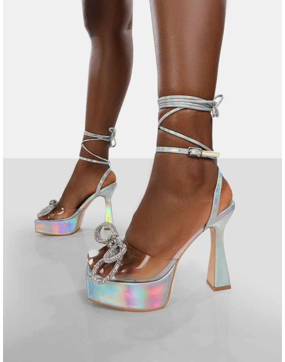 Athena Silver Holographic Platform Lace Up Bow Heels