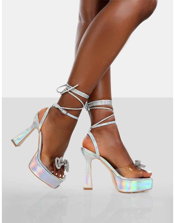 Athena Silver Holographic Platform Lace Up Bow Heels