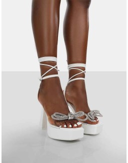 Athena White PU Platform Lace Up Bow Heels