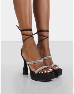 Opal Black Satin Diamanté Lace Up Platform Heels