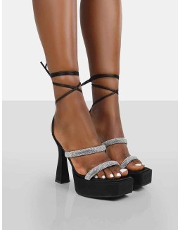 Opal Black Satin Diamanté Lace Up Platform Heels