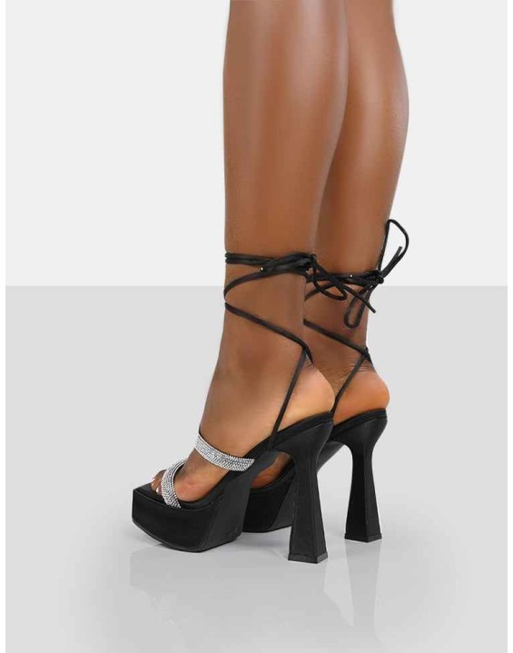 Opal Black Satin Diamanté Lace Up Platform Heels