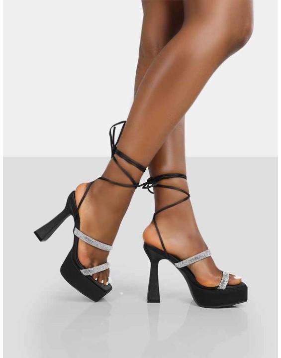 Opal Black Satin Diamanté Lace Up Platform Heels