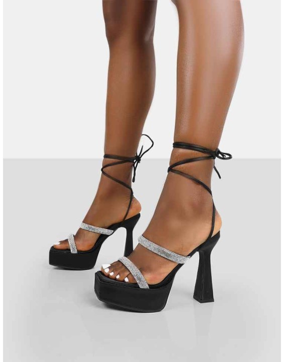 Opal Black Satin Diamanté Lace Up Platform Heels