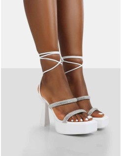 Opal White Pu Diamanté Lace Up Platform Heels