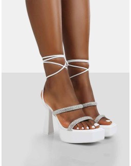 Opal White Pu Diamanté Lace Up Platform Heels
