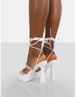 Opal White Pu Diamanté Lace Up Platform Heels