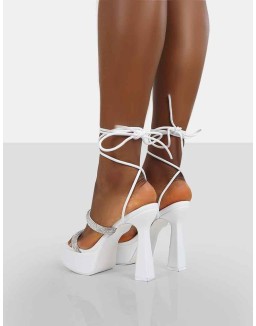 Opal White Pu Diamanté Lace Up Platform Heels