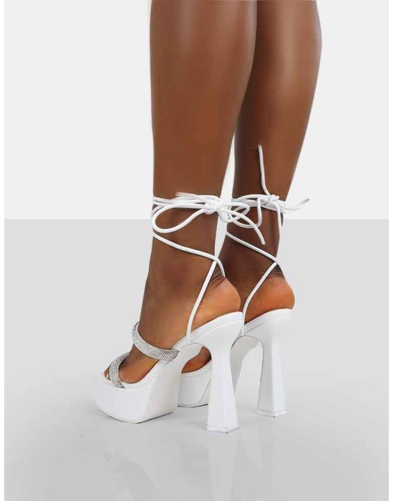Opal White Pu Diamanté Lace Up Platform Heels
