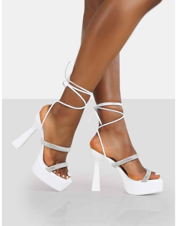 Opal White Pu Diamanté Lace Up Platform Heels