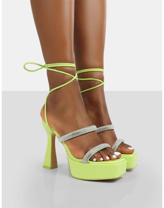 Opal Lime Diamanté Lace Up Platform Heels