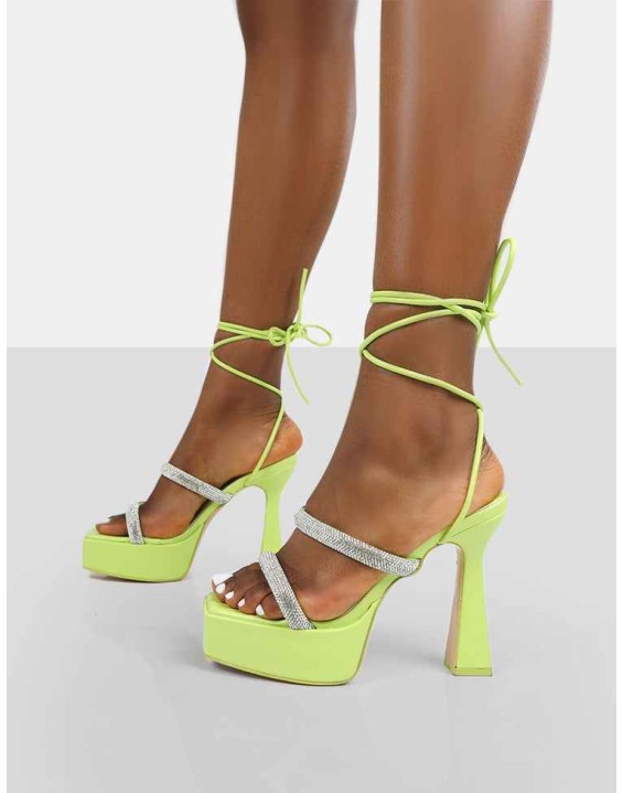 Opal Lime Diamanté Lace Up Platform Heels